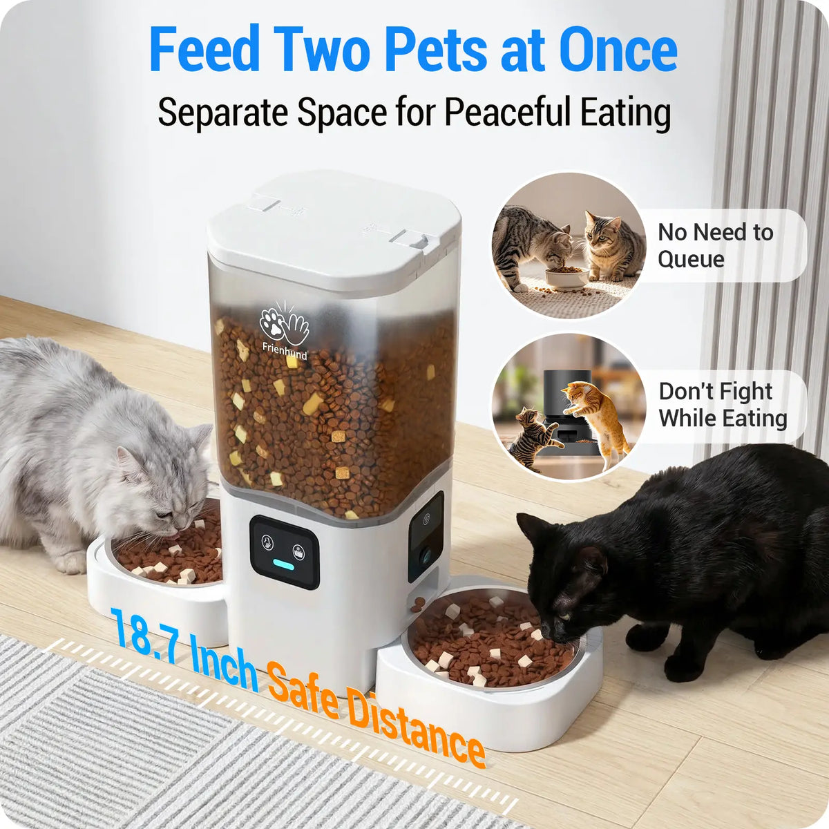 Frienhund Dual Camera Smart Pet Feeder – CHOOSE: with CAMERA / NO CAMERA, with 7L Dry Food Capacity, 1080P HD Monitoring, Night Vision,Slow Feed Mod, App Remote Control, Timed & Portion Feeding, Dual Stainless Steel Bowls for Multi-Pet Homes, Dual Bowls