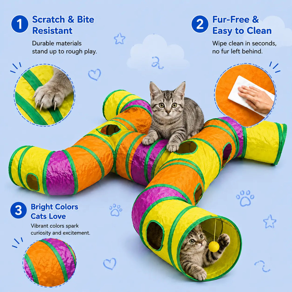 14-Way Interactive Cat Tunnel with Peek Holes and Ball - Foldable H-Shape Play Tunnel for Indoor Cats, Rabbits, Ferrets, and Small Pets